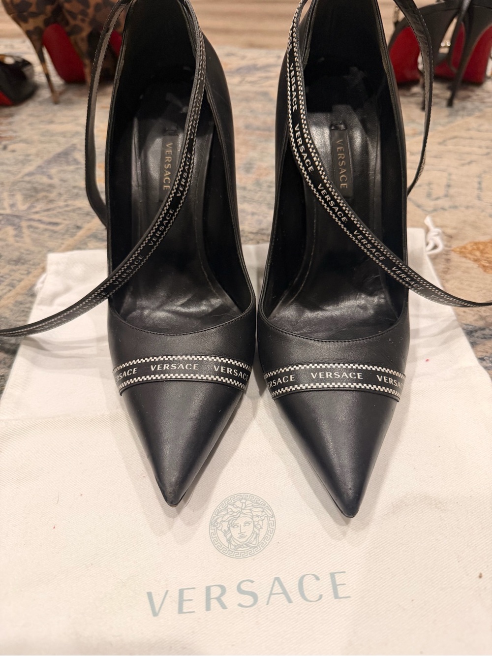 Versace Black Pointed-Toe Ankle-Strap Pumps with Logo Band